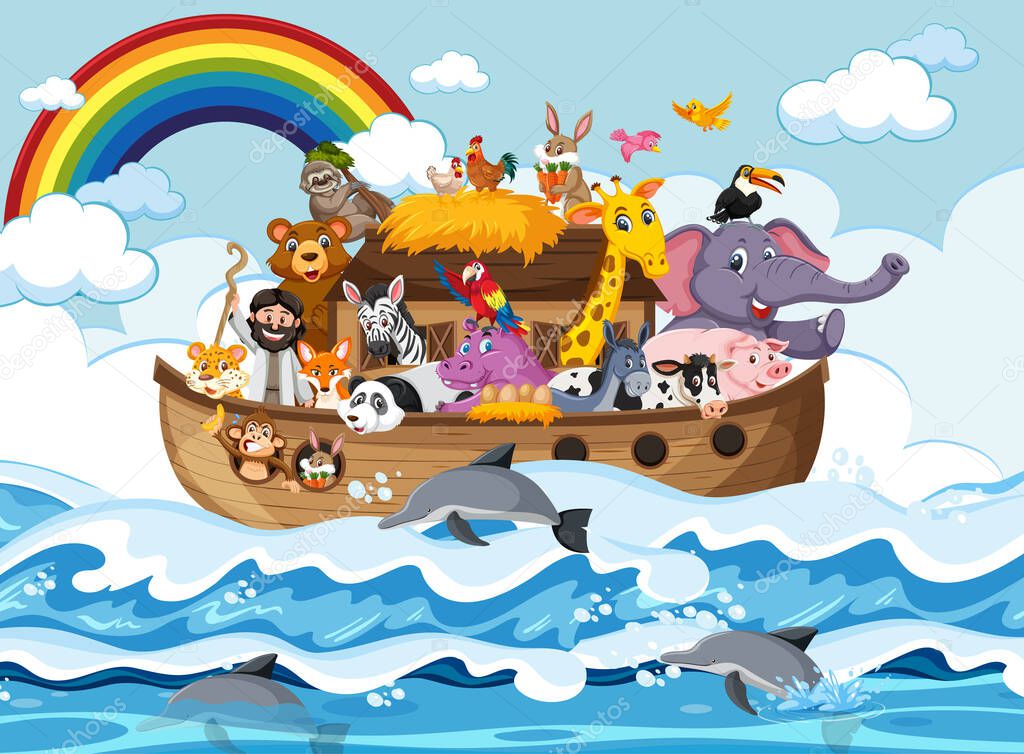 Noah's Ark with animals in the ocean scene illustration