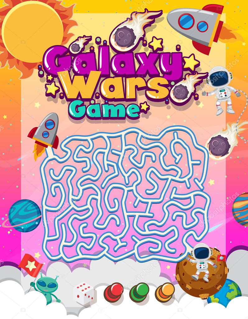 Maze puzzle game activity for children in galaxy theme illustration