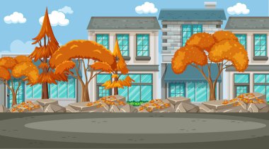 Gündüz vakti boş şehir, bir sürü sonbahar ağacı illüstrasyonuyla