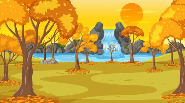 滝と多くの黄色の木のイラストと日没時の秋のシーン — ストックベクタ