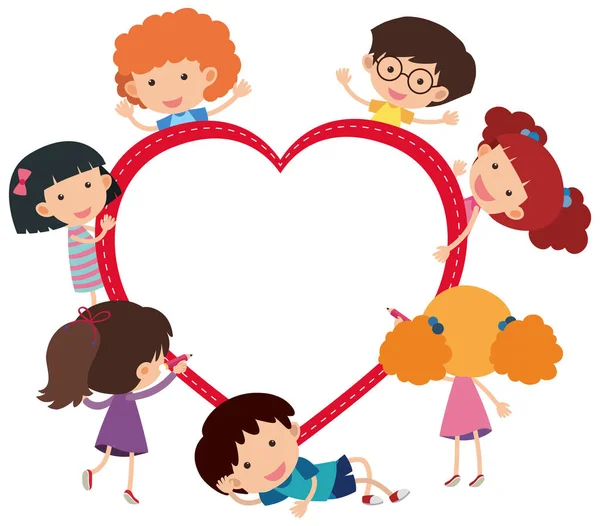 Bannière Vide Forme Cœur Avec Nombreux Enfants Illustration Personnage Dessin — Image vectorielle