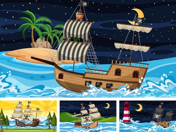 Conjunto Océano Con Barco Pirata Diferentes Momentos Escenas Ilustración Estilo — Vector de stock