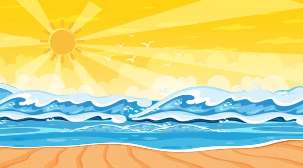 Beach landscape at sunset scene with ocean wave illustration
