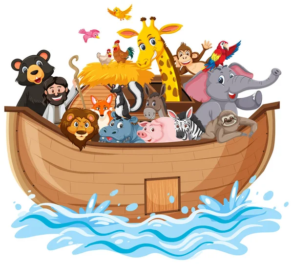 Noah Ark Animals Water Wave Isolated White Background Illustration — Stock Vector