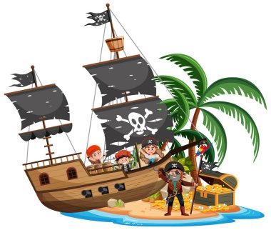 Beyaz arkaplanda izole edilmiş bir sürü çocukla adada korsan gemisi.