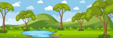 Gündüz vakti ormanın yatay sahnesinde birçok ağaç çizimi var.