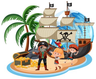 Beyaz arkaplanda izole edilmiş bir sürü çocukla adada korsan gemisi.