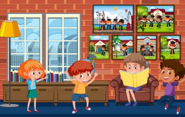 Oda sahnesinde birçok çocuk var.