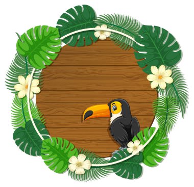 Yuvarlak yeşil yapraklı afiş şablonu ile bir Toucan çizgi film karakteri çizimi