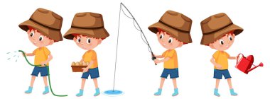 Bir erkek çizgi film karakteri farklı aktiviteler çiziyor.