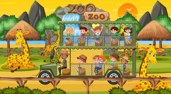 Safari Coucher Soleil Scène Avec Des Enfants Regardant Girafe Illustration — Image vectorielle