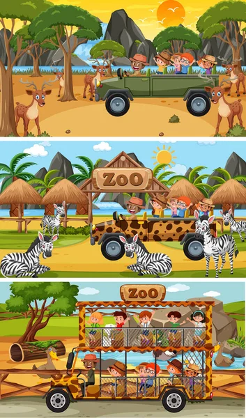 Ensemble Différentes Scènes Horizontales Safari Avec Des Animaux Des Enfants — Image vectorielle