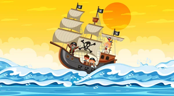 Ocean Pirate Ship Sunset Scene Cartoon Style Illustration - Stok Vektor