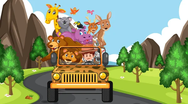 Scène Safari Jour Avec Des Animaux Sauvages Sur Illustration Voiture — Image vectorielle