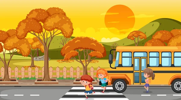 Herbstliche Szene Mit Vielen Kindern Beim Aussteigen Aus Dem Schulbus — Stockvektor