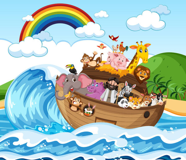 Noah's Ark with animals in the ocean scene illustration