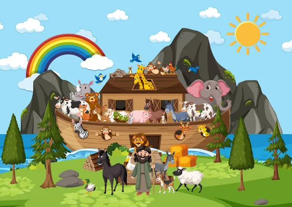 Outdoor Nature Scene Noah Ark Animals Illustration — Stock Vector