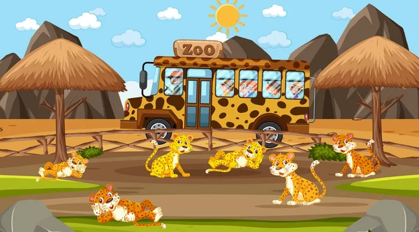 Safari Alla Scena Del Giorno Con Molti Bambini Che Guardano — Vettoriale Stock