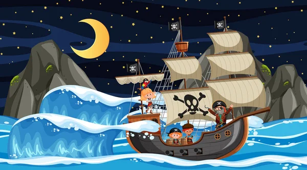 Ωκεανός Πειρατικό Πλοίο Νύχτα Σκηνή Εικονογράφηση Στυλ Κινουμένων Σχεδίων — Διανυσματικό Αρχείο