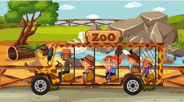 Safari Scene Children Watching Duck Group Illustration — Stock Vector