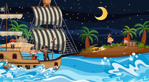 Treasure Island Σκηνή Νύχτα Pirate Παιδιά Στην Απεικόνιση Του Πλοίου — Διανυσματικό Αρχείο