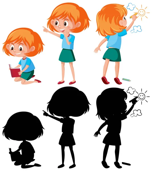 Set Girl Cartoon Character Different Positions Its Silhouette Illustration — Stock Vector