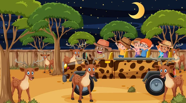 Safari Escena Nocturna Con Muchos Niños Viendo Ilustración Grupo Ciervos — Archivo Imágenes Vectoriales