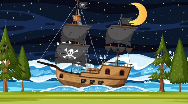 Ocean Pirate Ship Night Scene Cartoon Style Illustration - Stok Vektor