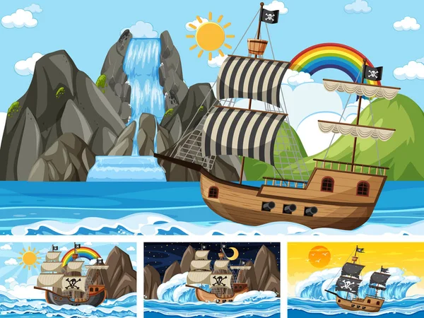 Conjunto Cenas Oceano Diferentes Momentos Com Navio Pirata Ilustração Estilo — Vetor de Stock