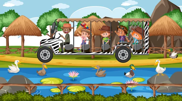 Tour Niños Escena Safari Con Muchos Patos Ilustración Del Estanque — Archivo Imágenes Vectoriales