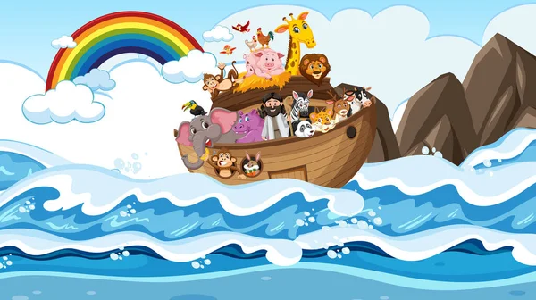 Nuh Gemisi Okyanus Sahnesinde Hayvanlar — Stok Vektör