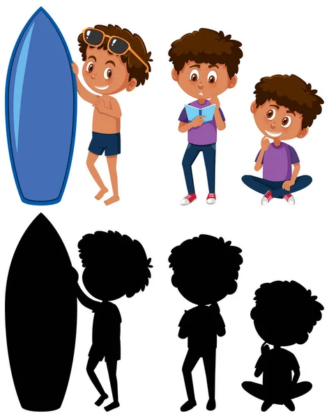 Conjunto Personaje Dibujos Animados Niño Diferentes Posiciones Con Silueta Ilustración — Archivo Imágenes Vectoriales