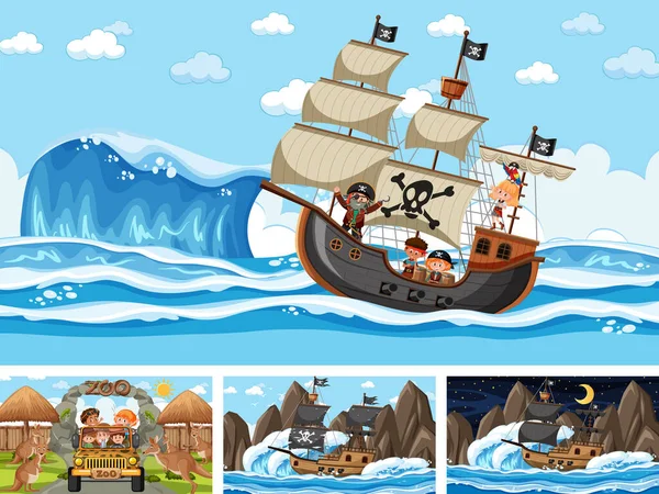 Conjunto Cenas Diferentes Com Navio Pirata Mar Animais Ilustração Zoológico — Vetor de Stock