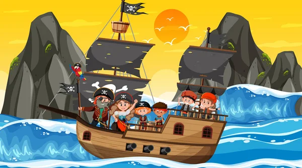 Cena Oceano Pôr Sol Com Crianças Piratas Ilustração Navio — Vetor de Stock