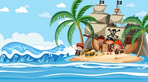 Cena Oceano Durante Dia Com Crianças Piratas Ilustração Treasure Island — Vetor de Stock