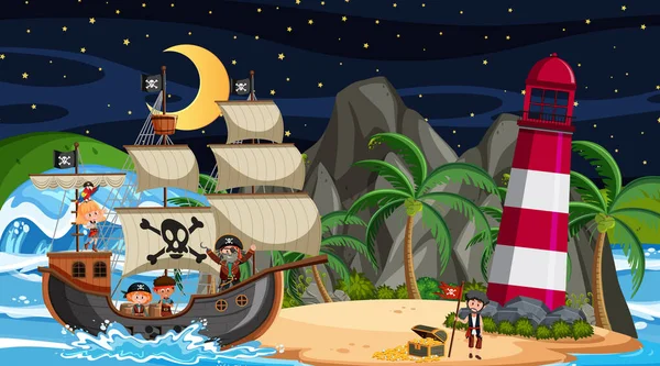 Gece Sahnesinde Korsan Gemisinin Olduğu Ada Karikatür Stili Illüstrasyonunda — Stok Vektör