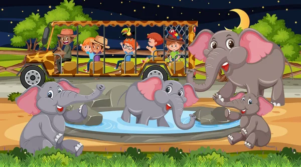 Grupo Elefantes Escena Safari Con Niños Coche Turístico Ilustración — Archivo Imágenes Vectoriales