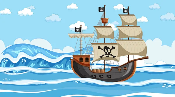 Ocean Scene Day Time Pirate Ship Cartoon Style Illustration — Stock Vector