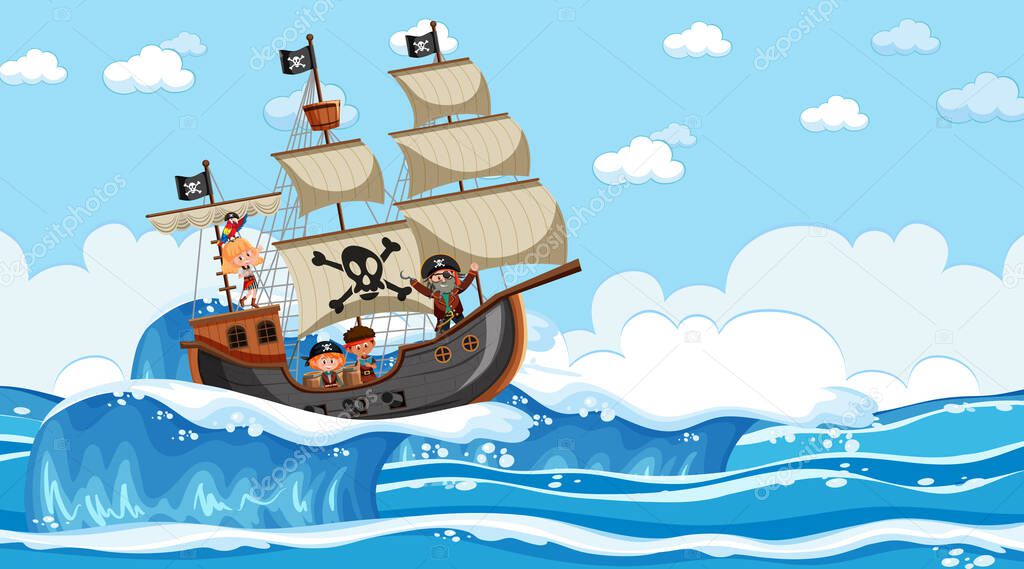 Beach with Pirate ship at daytime scene in cartoon style illustration