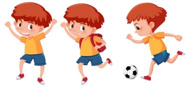 Bir erkek çizgi film karakteri farklı aktiviteler çiziyor.