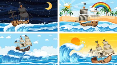 Korsan gemisi resimli farklı sahneler.