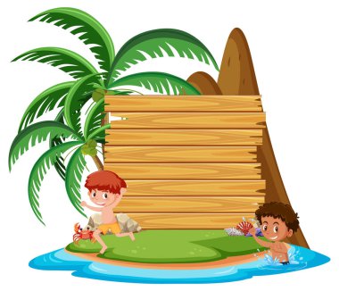 Adada boş pankart ve beyaz arkaplanda izole edilmiş iki çocuk var.