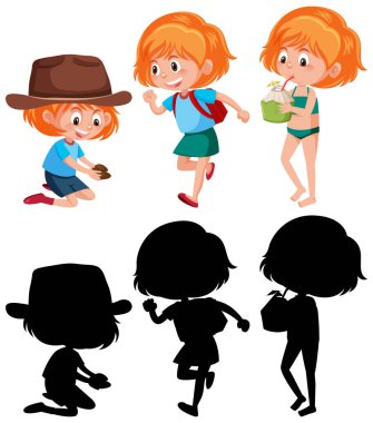 Silüet çizimi ile farklı aktiviteler yapan bir kızın çizgi film karakteri