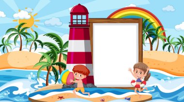 Çocuklar plaj sahnesinde boş afiş resimleriyle tatil yapıyorlar.
