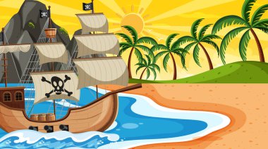 Günbatımı sahnesinde Korsan gemisiyle okyanus karikatür tarzı illüstrasyon