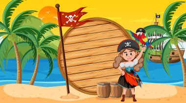 Sahildeki gün batımı illüstrasyonunda korsan kadınla boş pankart şablonu