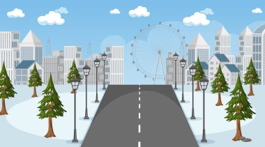 Parkın içinden şehir resmetmeye giden uzun yollu kış sahnesi.