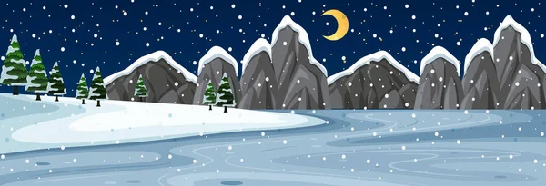 夜のイラストで山の風景と雪の水平シーン — ストックベクタ