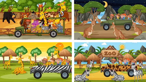 Zestaw Różnych Scen Safari Zwierzętami Dzieci Postać Kreskówek Ilustracja — Wektor stockowy