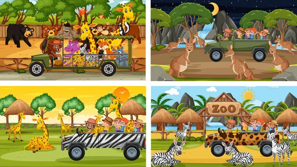 Set Diverse Scene Safari Con Animali Bambini Illustrazione Del Personaggio — Vettoriale Stock